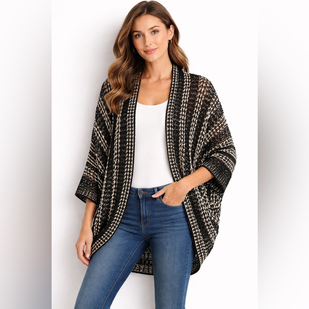 Joan Vass Studio Black Cream Open Weave Cocoon Cardigan Size M